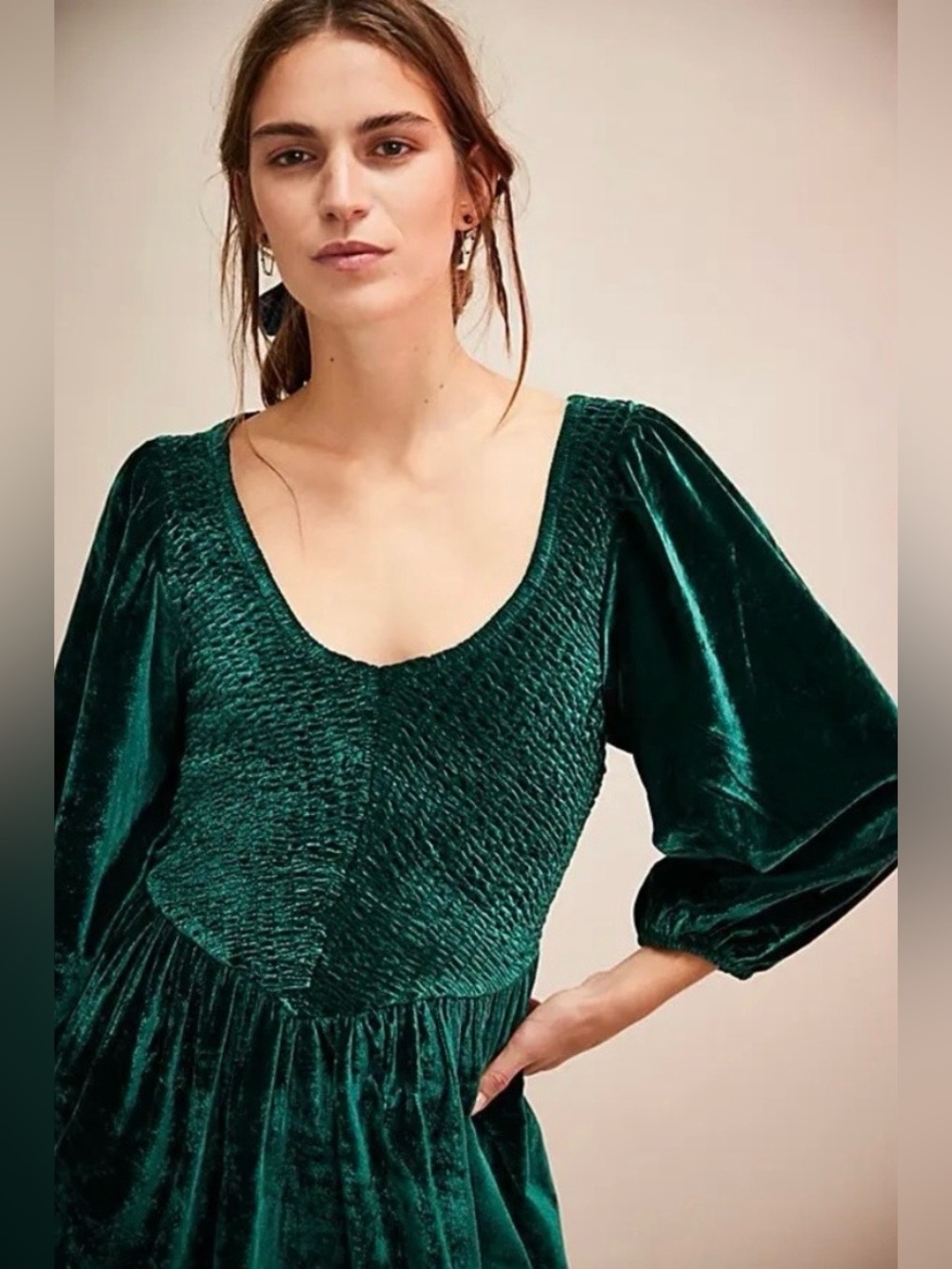 Free People large Farrier green velvet mini dress Christmas smocked bodice